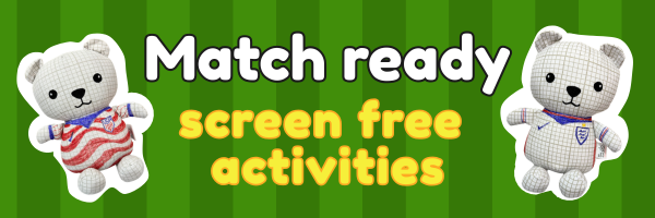 Two colour in bears with a US football shirt and an England football shirt with the words match ready screen free activities